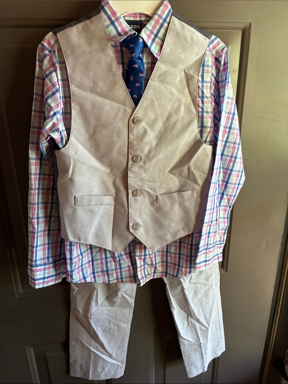 Izod Tan Men's Dress Vest and Pants with Blue Plaid Shirt